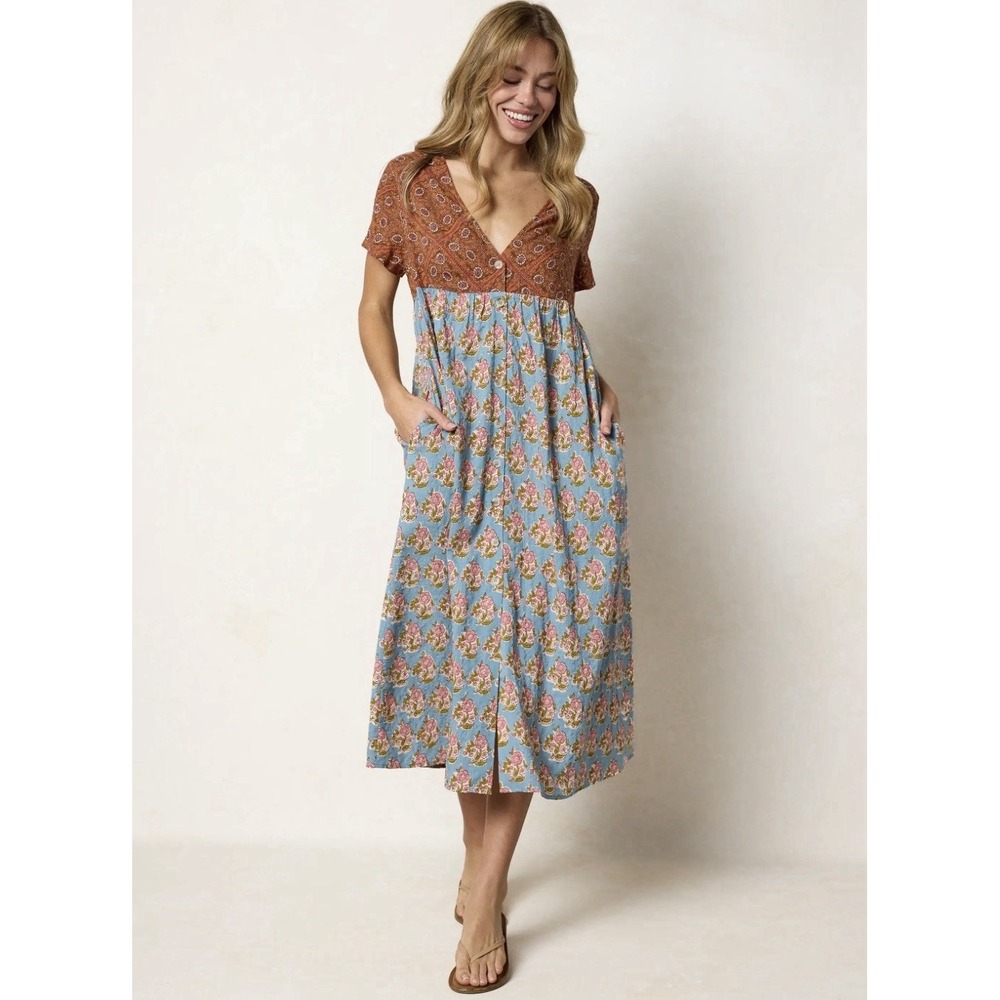 Natural Life Avery Midi Dress Wildflower Tiles Rust Size M Boho Cottagecore Folk
